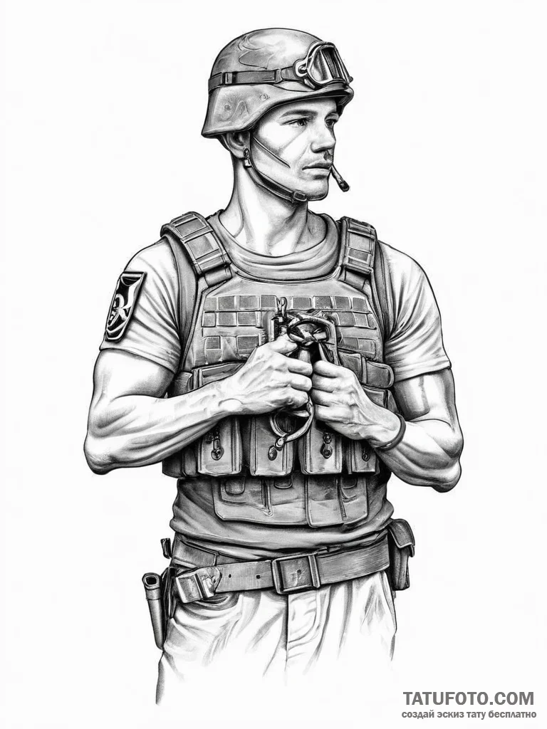 Tattoo sketch soldier with a lock - эскиз тату (№1755967187_0, 23.08.2025 16:39) — Tatufoto.com