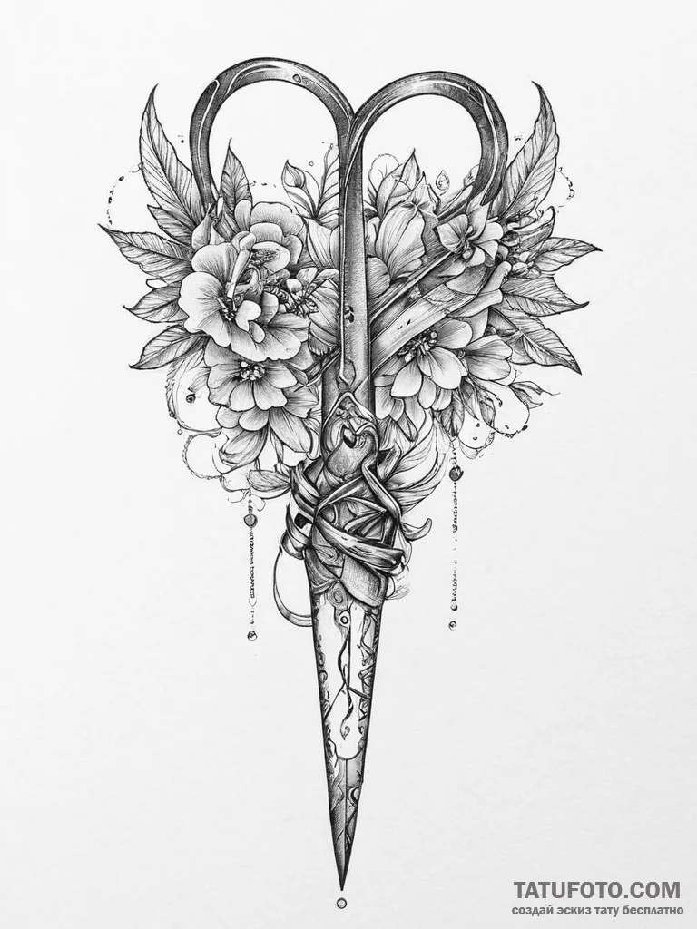 Tattoo sketch scissors with a ribbon - эскиз тату (№1755976496_0, 23.08.2025 19:14) — Tatufoto.com