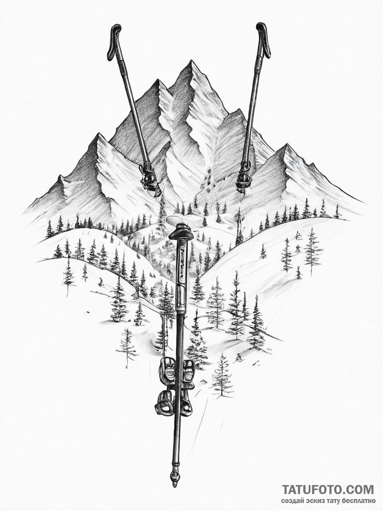 Tattoo sketch skiing ski poles and snow-cover... - эскиз тату (№1755991005_0, 23.08.2025 23:16) — Tatufoto.com