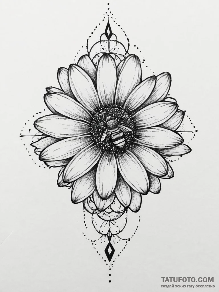 Tattoo sketch daisy with a bee, tattoo drawin... - эскиз тату (№1756005035_0, 24.08.2025 03:10) — Tatufoto.com