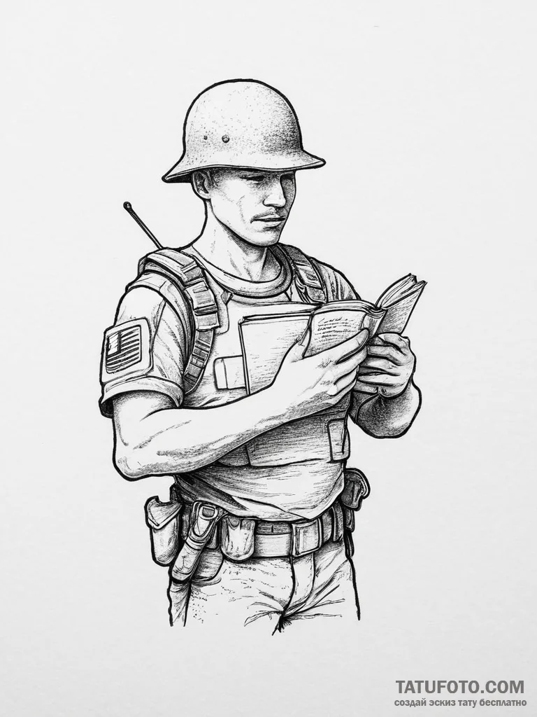 Tattoo sketch soldier with a book, tattoo dra... - эскиз тату (№1756013667_0, 24.08.2025 05:34) — Tatufoto.com