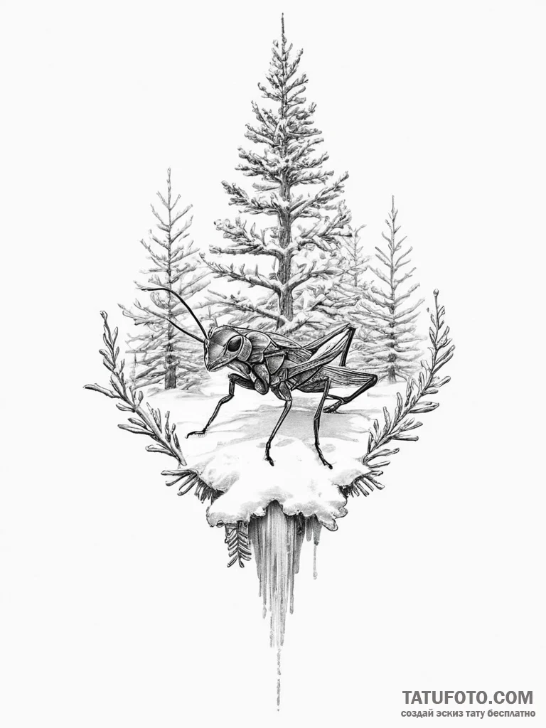 Tattoo sketch snowy tree cricket - эскиз тату (№1756018527_0, 24.08.2025 06:55) — Tatufoto.com