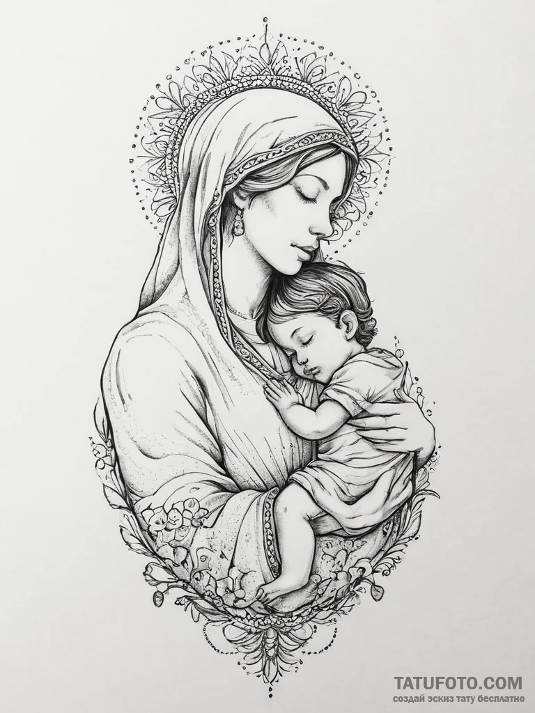 Tattoo sketch mary with child, ink illustrati... - эскиз тату (№1756026142_0, 24.08.2025 09:02) — Tatufoto.com
