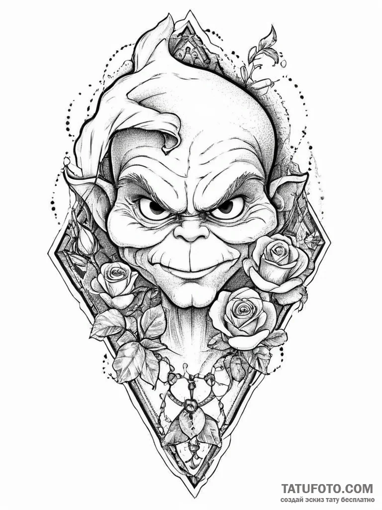 Tattoo sketch the grinch with a scale, artist... - эскиз тату (№1756027138_0, 24.08.2025 09:18) — Tatufoto.com