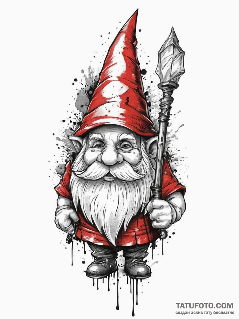 Tattoo sketch gnome with a staff, tattoo line... - эскиз тату (№1756030740_0, 24.08.2025 10:19) — Tatufoto.com