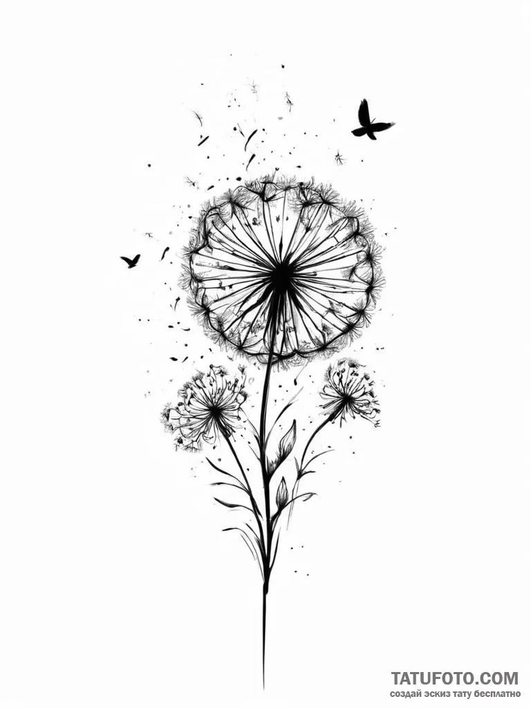 Tattoo sketch dandelion with flying birds - эскиз тату (№1756046868_0, 24.08.2025 14:47) — Tatufoto.com