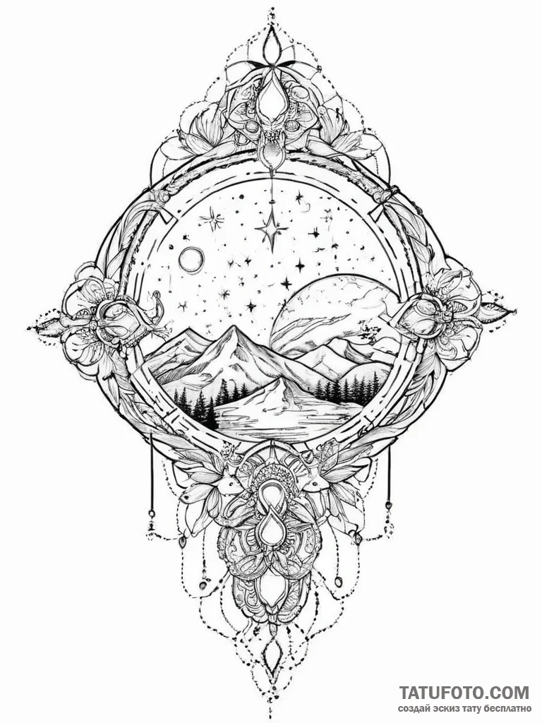 Tattoo sketch cosmic land, tattoo drawing out... - эскиз тату (№1756047654_0, 24.08.2025 15:00) — Tatufoto.com