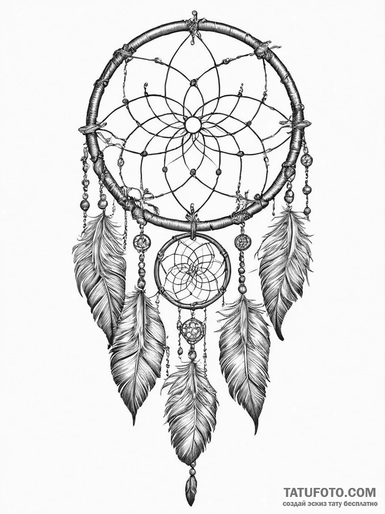 Tattoo sketch dreamcatcher with feathers, tat... - эскиз тату (№1756051169_0, 24.08.2025 15:59) — Tatufoto.com
