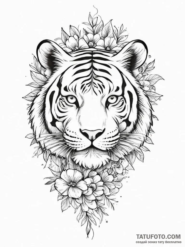 Tattoo sketch узор в виде тигра с цветами, ta... - эскиз тату (№1756054305_0, 24.08.2025 16:51) — Tatufoto.com