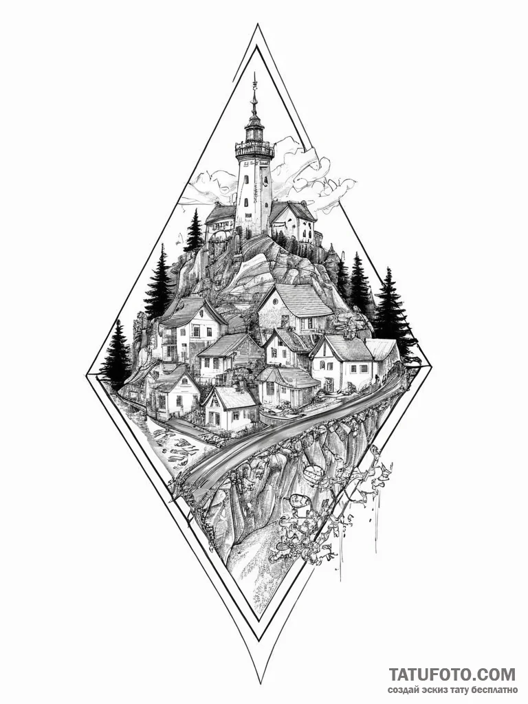 Tattoo sketch town, ink illustration for tatt... - эскиз тату (№1756054696_0, 24.08.2025 16:58) — Tatufoto.com