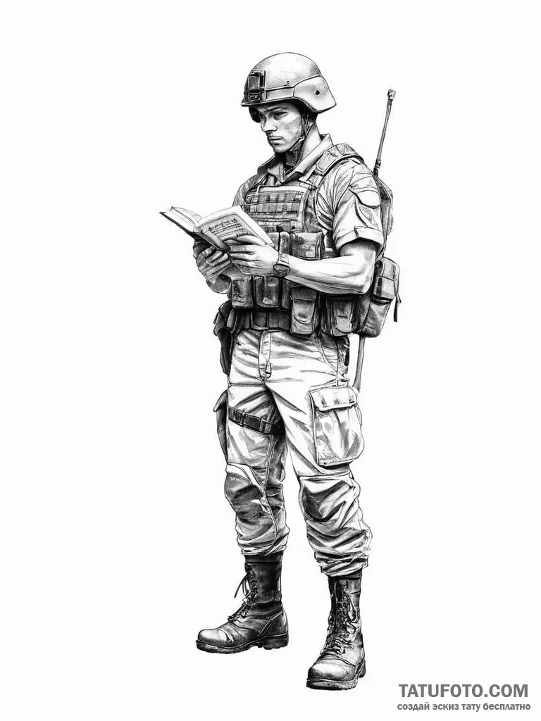 Tattoo sketch soldier with a book - эскиз тату (№1756056260_0, 24.08.2025 17:24) — Tatufoto.com