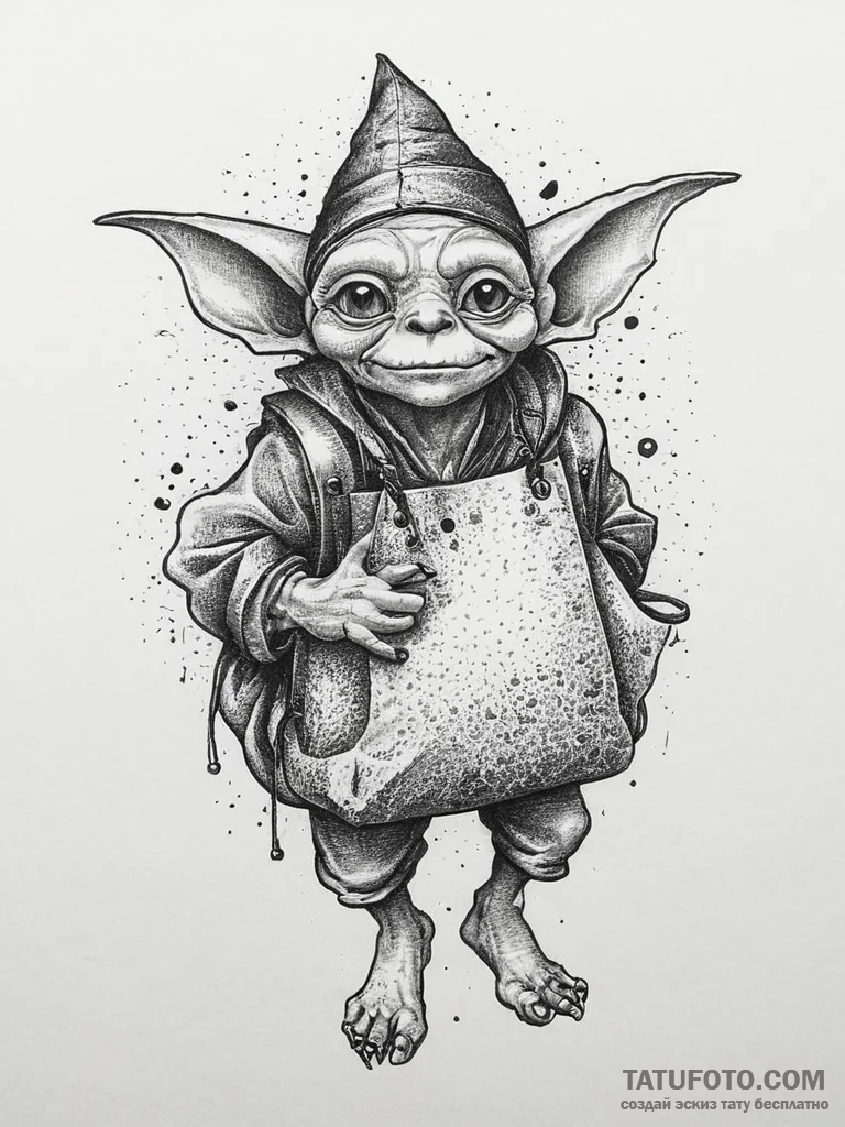 Tattoo sketch goblin with a bag, concept art... - эскиз тату (№1756058408_0, 24.08.2025 18:00) — Tatufoto.com