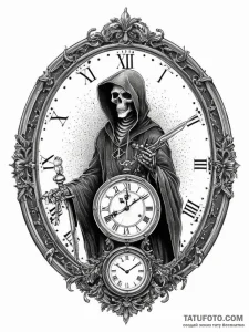 Tattoo sketch grim reaper clock, ink illustra... - эскиз тату (№1756064379_0, 24.08.2025 19:39) — Tatufoto.com