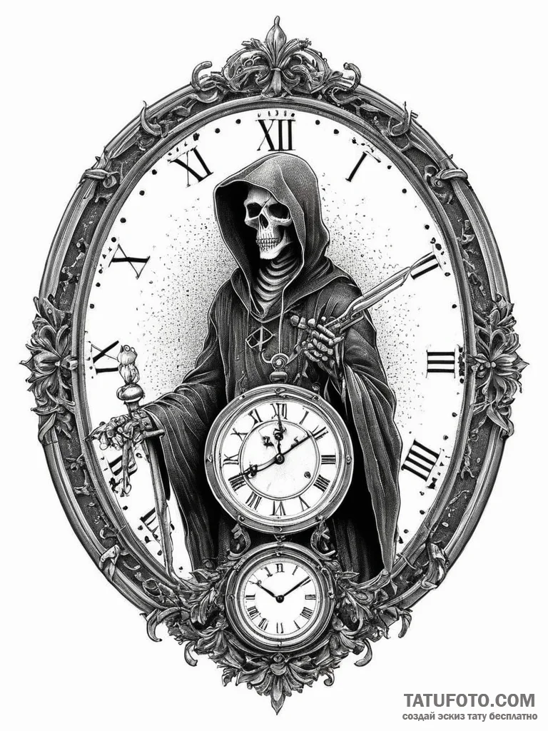 Tattoo sketch grim reaper clock, ink illustra... - эскиз тату (№1756064379_0, 24.08.2025 19:39) — Tatufoto.com