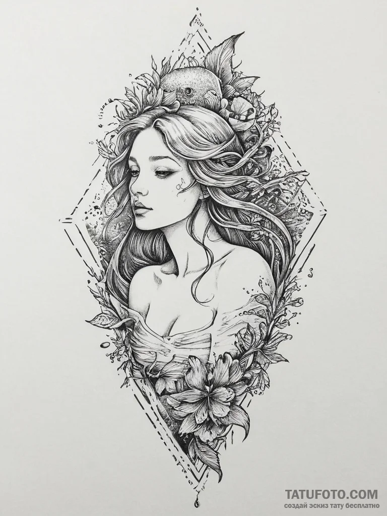 Tattoo sketch rusalka, the water nymph, with... - эскиз тату (№1756081464_0, 25.08.2025 00:24) — Tatufoto.com