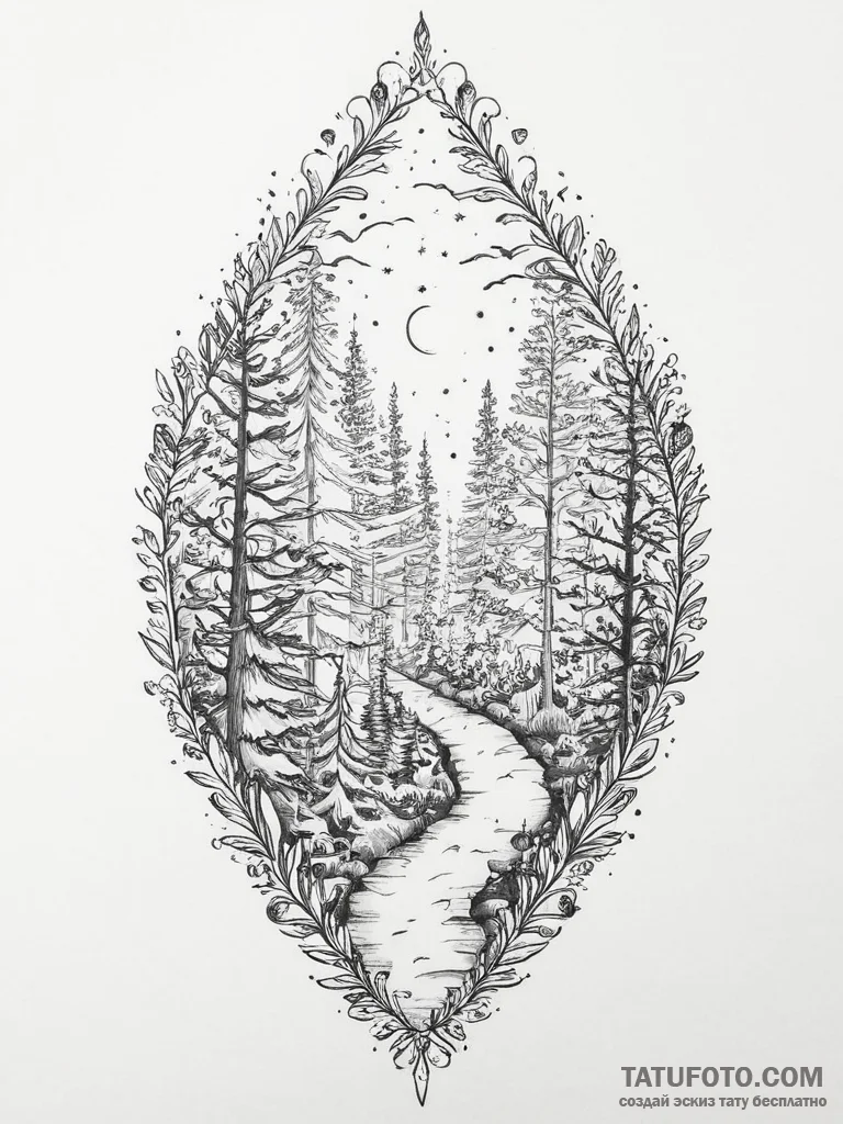 Tattoo sketch enchanted forest with a path, t... - эскиз тату (№1756083250_0, 25.08.2025 00:54) — Tatufoto.com