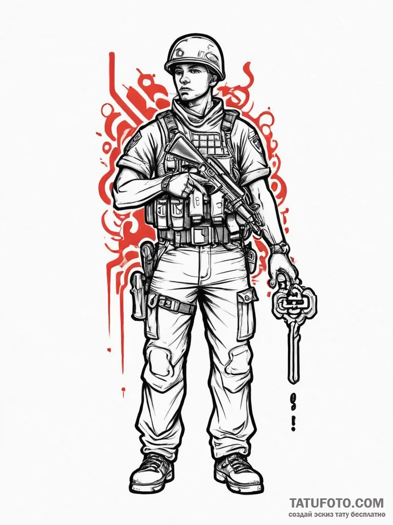Tattoo sketch soldier with a key, tattoo flas... - эскиз тату (№1756095098_0, 25.08.2025 04:11) — Tatufoto.com