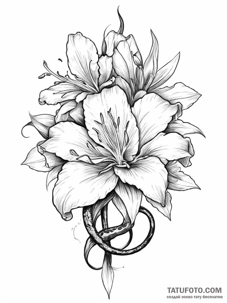 Tattoo sketch lily with a snake - эскиз тату (№1756099888_0, 25.08.2025 05:31) — Tatufoto.com