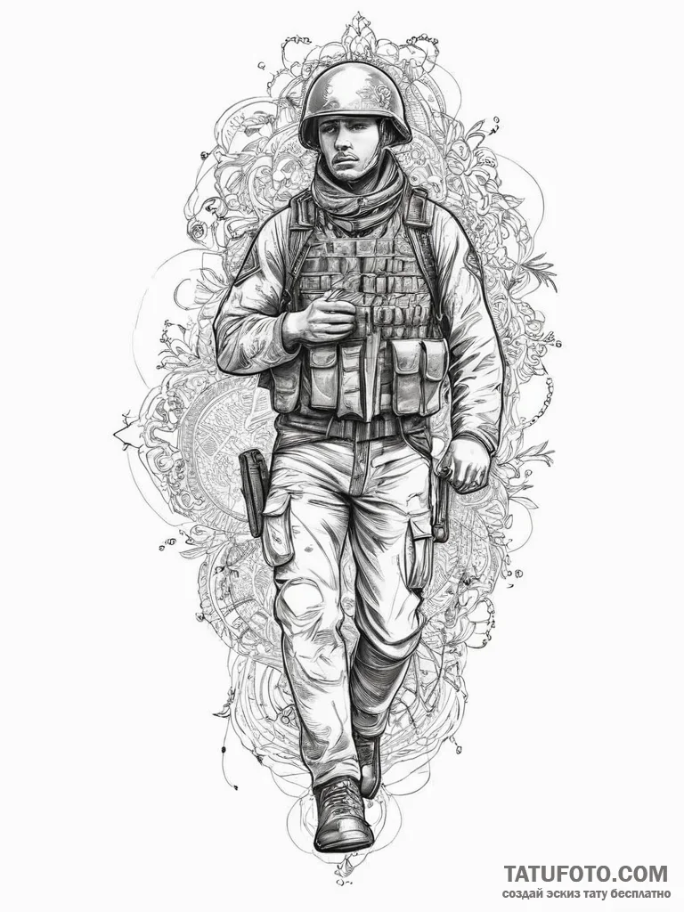 Tattoo sketch soldier with a map, ink illustr... - эскиз тату (№1756100694_0, 25.08.2025 05:44) — Tatufoto.com