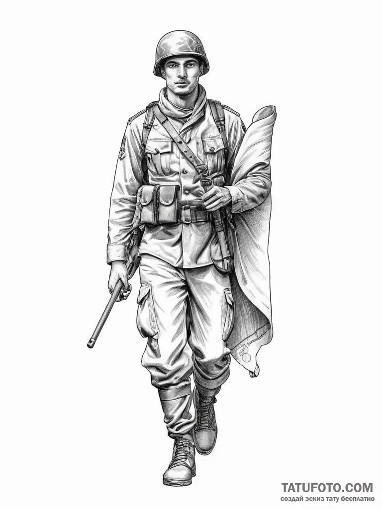 Tattoo sketch soldier with a scroll - эскиз тату (№1756102307_0, 25.08.2025 06:11) — Tatufoto.com
