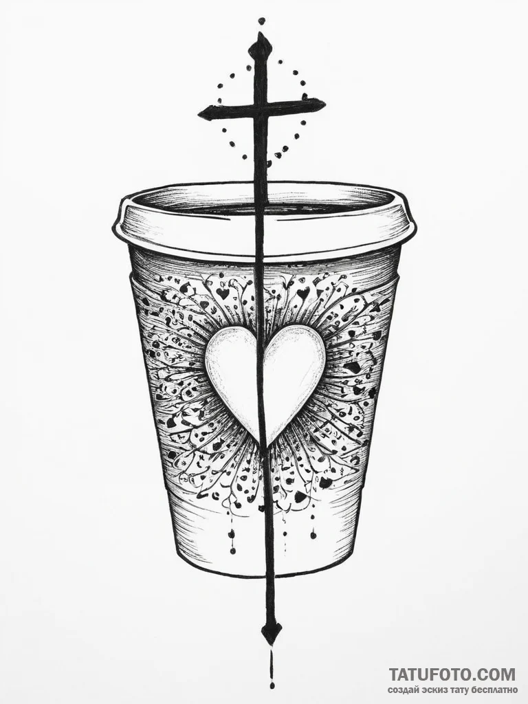 Tattoo sketch coffee cup with a heart, tattoo... - эскиз тату (№1756116527_0, 25.08.2025 10:08) — Tatufoto.com