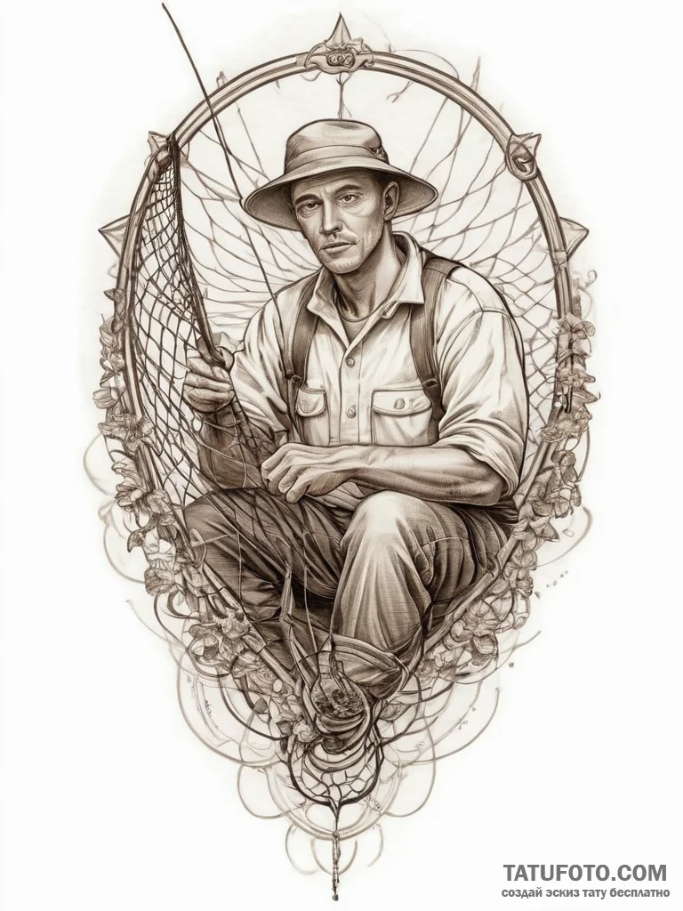 Tattoo sketch fisherman a person with a net,... - эскиз тату (№1756117120_0, 25.08.2025 10:18) — Tatufoto.com