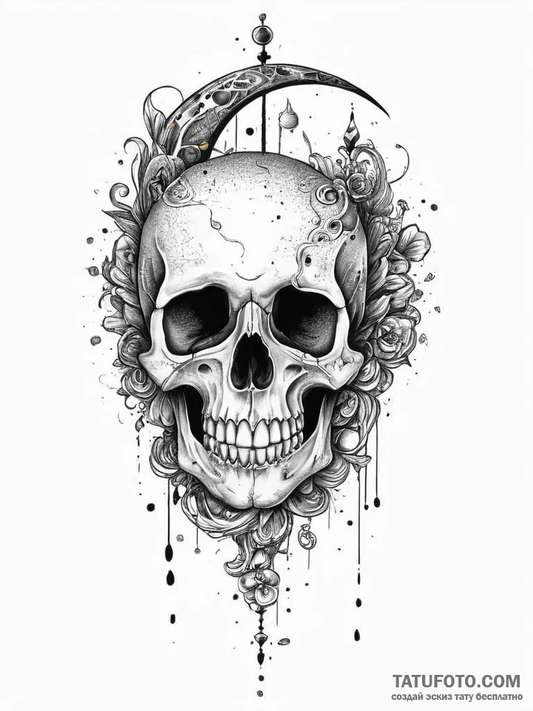 Tattoo sketch узор в виде черепа с луной, con... - эскиз тату (№1756122045_0, 25.08.2025 11:40) — Tatufoto.com