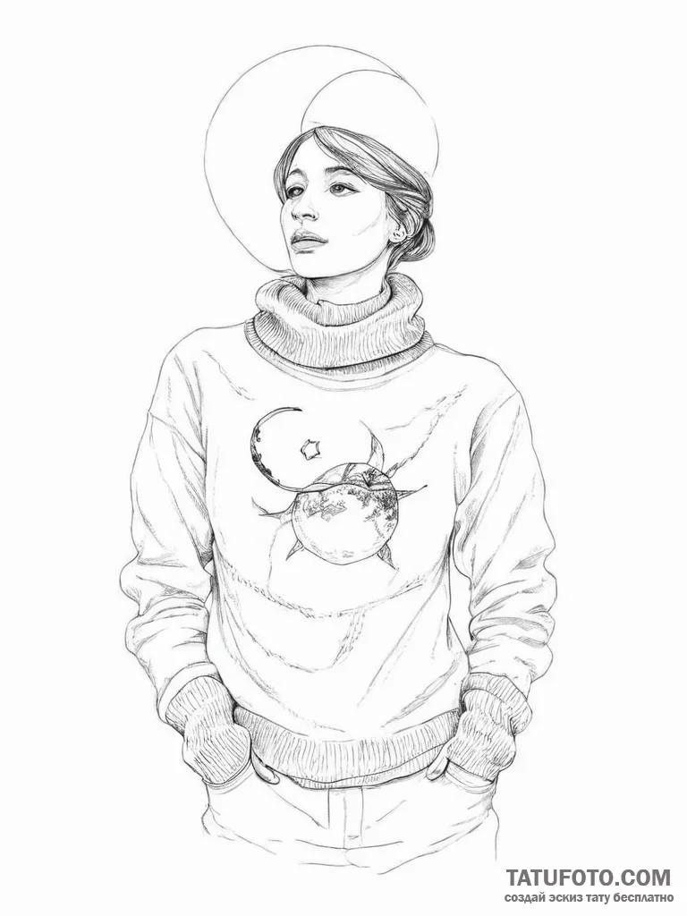 Tattoo sketch turtleneck sweater with a moon - эскиз тату (№1756123031_0, 25.08.2025 11:57) — Tatufoto.com