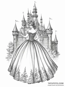 Tattoo sketch ball gown with a castle, concep... - эскиз тату (№1756164085_0, 25.08.2025 23:21) — Tatufoto.com