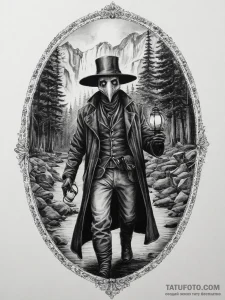 The plague doctor holds a lantern in one hand... - реализм (ч/б), акварель - эскиз тату (№1756197709_0, 26.08.2025 08:41) — Tatufoto.com