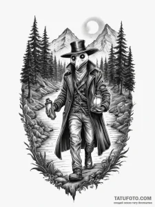 The plague doctor holds a lantern in one hand... - эскиз тату (№1756199928_0, 26.08.2025 09:18) — Tatufoto.com
