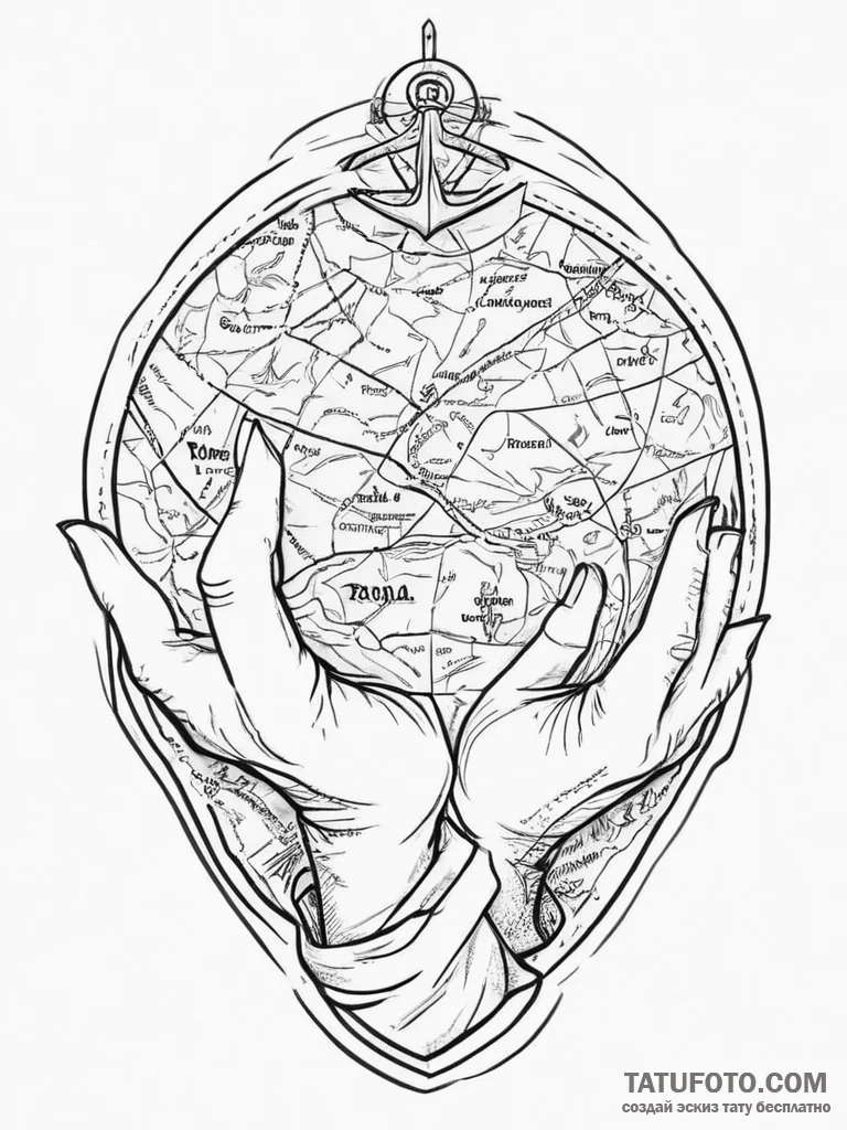 Tattoo sketch hands with a map, concept art f... - эскиз тату (№1756221238_0, 26.08.2025 15:13) — Tatufoto.com