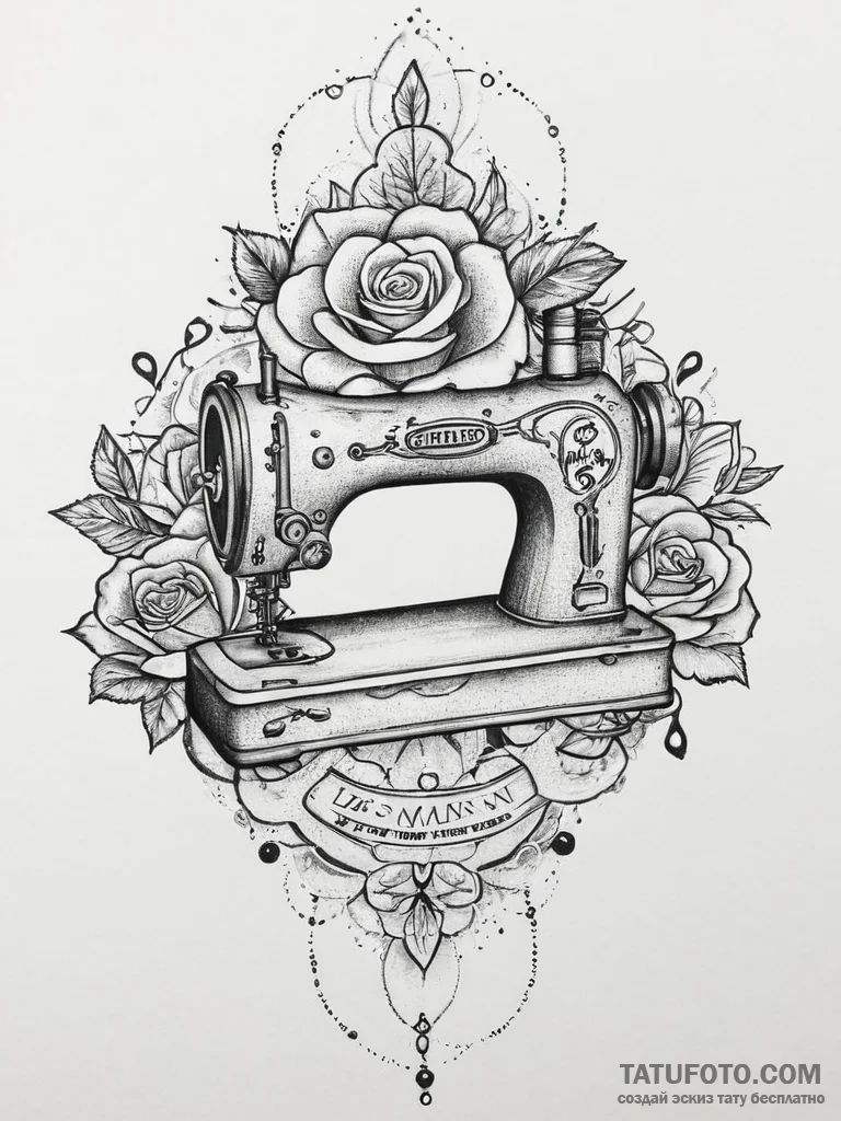 Tattoo sketch sewing machine with a thread, t... - эскиз тату (№1756221845_0, 26.08.2025 15:24) — Tatufoto.com