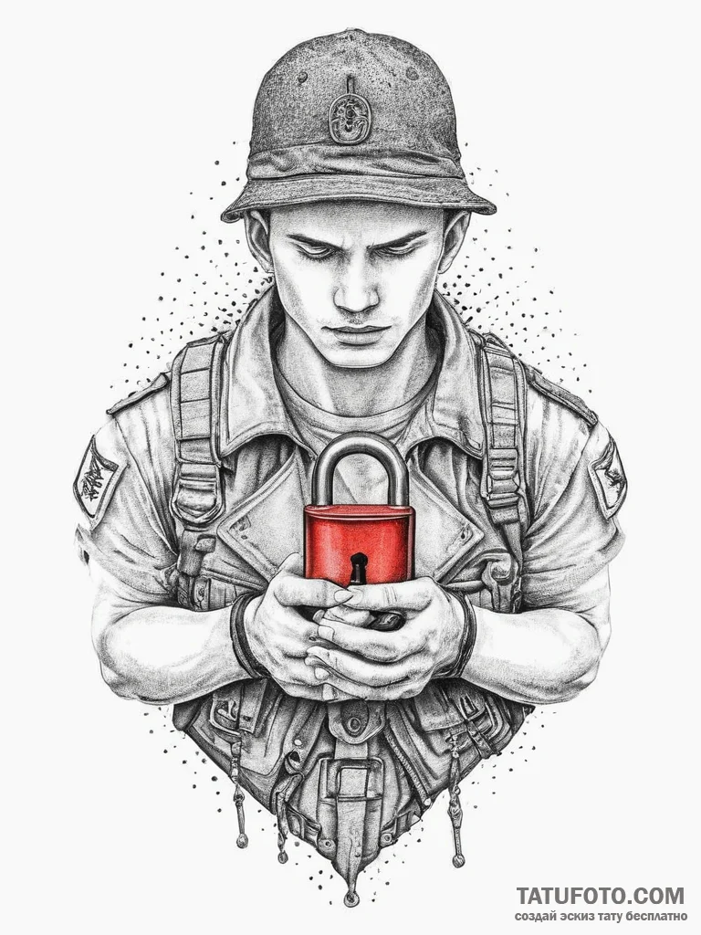Tattoo sketch soldier with a lock, tattoo dra... - эскиз тату (№1756224660_0, 26.08.2025 16:11) — Tatufoto.com