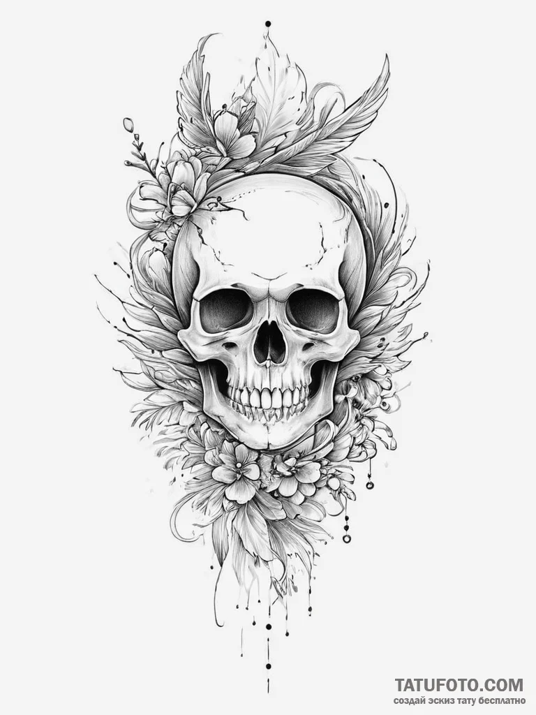 Tattoo sketch череп с пером и птицами, tattoo... - эскиз тату (№1756225667_0, 26.08.2025 16:27) — Tatufoto.com