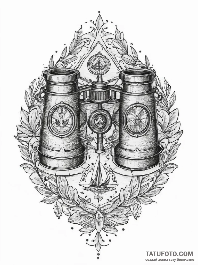 Tattoo sketch binoculars with a bird, tattoo... - эскиз тату (№1756236260_0, 26.08.2025 19:24) — Tatufoto.com