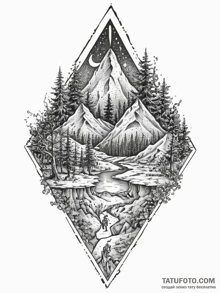 Tattoo sketch mystical land, ink illustration... - эскиз тату (№1756242396_0, 26.08.2025 21:06) — Tatufoto.com