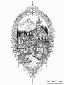Tattoo sketch village, ink illustration for t... - эскиз тату (№1756251718_0, 26.08.2025 23:41) — Tatufoto.com
