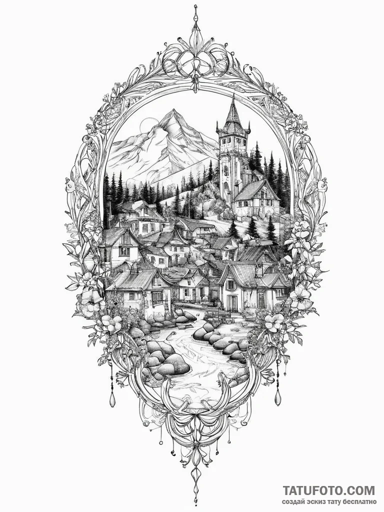 Tattoo sketch village, ink illustration for t... - эскиз тату (№1756251718_0, 26.08.2025 23:41) — Tatufoto.com