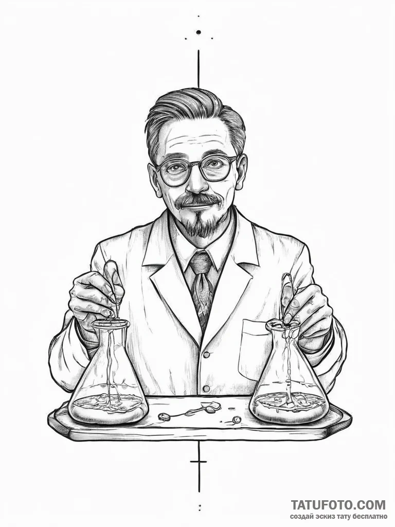 Tattoo sketch chemist a person with beakers,... - эскиз тату (№1756262296_0, 27.08.2025 02:38) — Tatufoto.com
