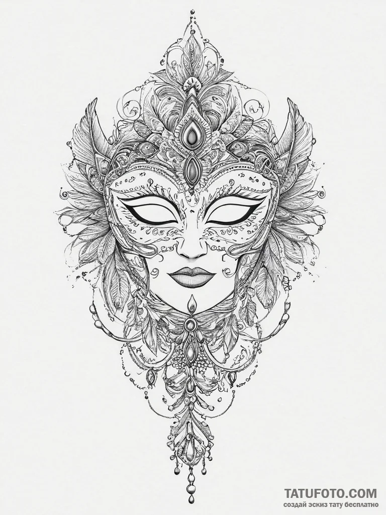 Tattoo sketch feathered mask tattoo, tattoo s... - эскиз тату (№1756266697_0, 27.08.2025 03:51) — Tatufoto.com