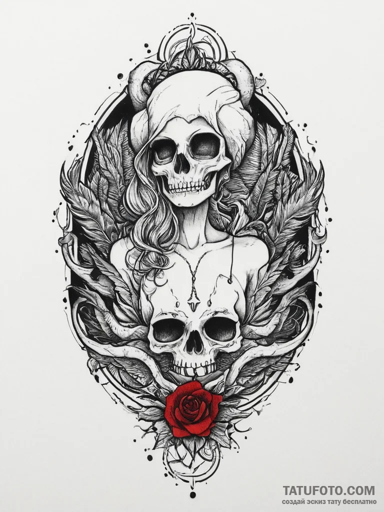 Tattoo sketch siren with a skull, tattoo flas... - эскиз тату (№1756271752_0, 27.08.2025 05:15) — Tatufoto.com