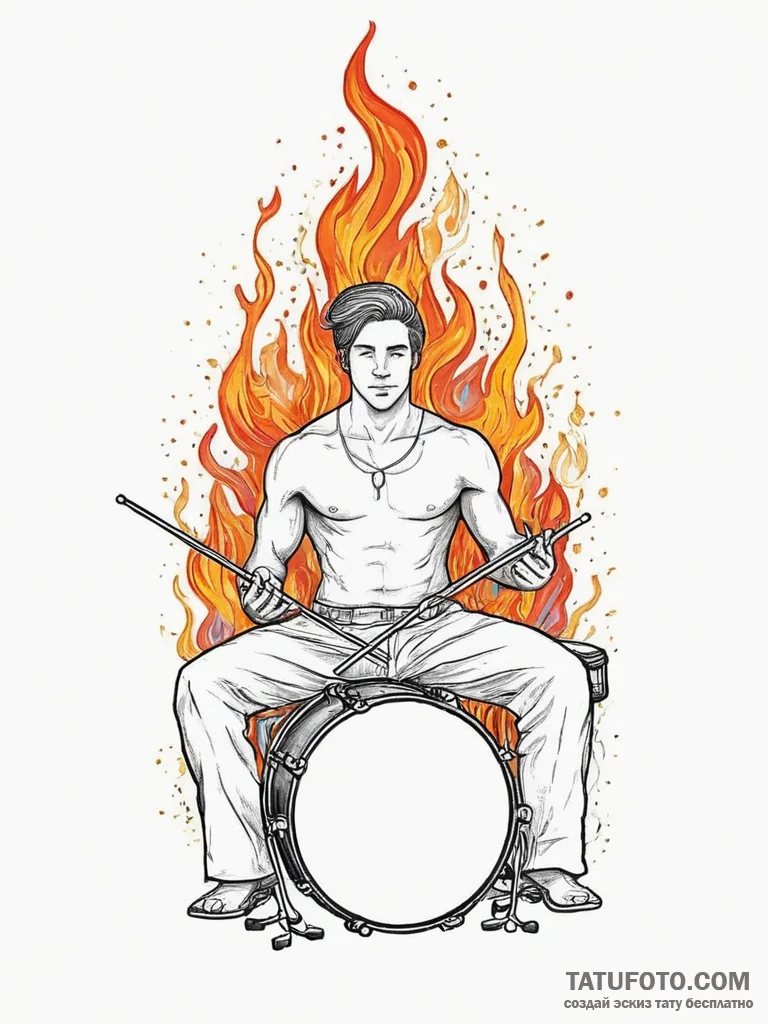 Tattoo sketch musician a drum set with fire,... - эскиз тату (№1756275679_0, 27.08.2025 06:21) — Tatufoto.com