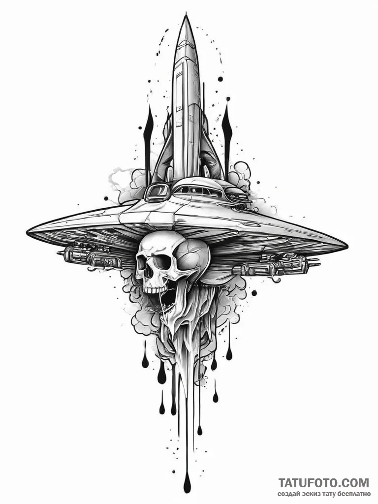 Tattoo sketch череп с космическим кораблем, t... - эскиз тату (№1756276665_0, 27.08.2025 06:37) — Tatufoto.com