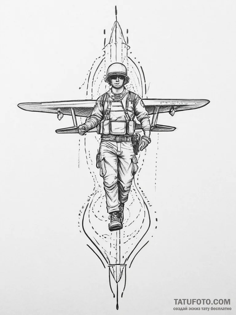 Tattoo sketch soldier with a plane, tattoo fl... - эскиз тату (№1756277059_0, 27.08.2025 06:44) — Tatufoto.com