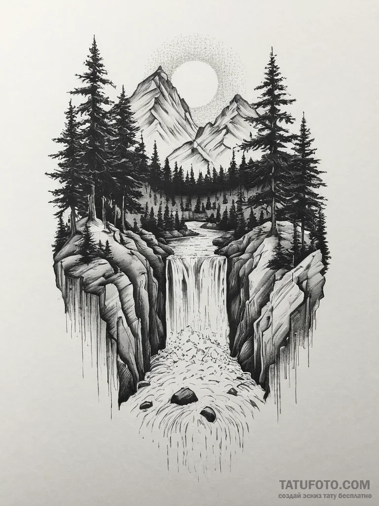 Tattoo sketch waterfall, concept art for tatt... - эскиз тату (№1756298399_0, 27.08.2025 12:39) — Tatufoto.com