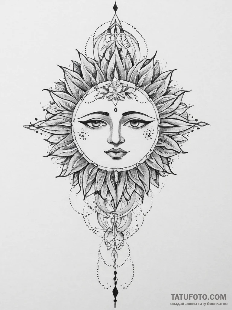 Tattoo sketch geometric sun, ink illustration... - эскиз тату (№1756317394_0, 27.08.2025 17:56) — Tatufoto.com