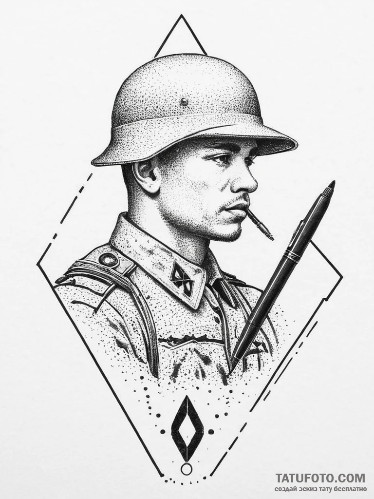 Tattoo sketch soldier with a pen, tattoo line... - эскиз тату (№1756317987_0, 27.08.2025 18:06) — Tatufoto.com