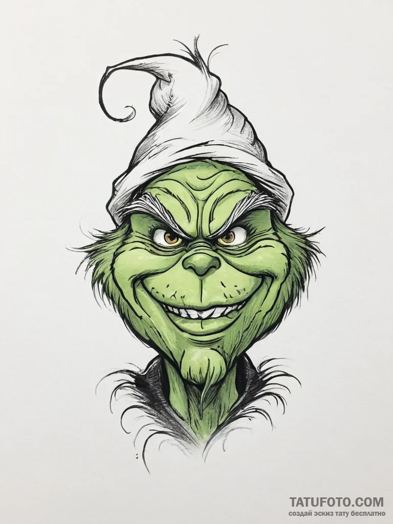Tattoo sketch the grinch with a smile, tattoo... - эскиз тату (№1756326968_0, 27.08.2025 20:36) — Tatufoto.com