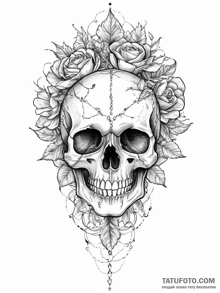 Tattoo sketch узор в виде черепа с розами, in... - эскиз тату (№1756393714_0, 28.08.2025 15:08) — Tatufoto.com